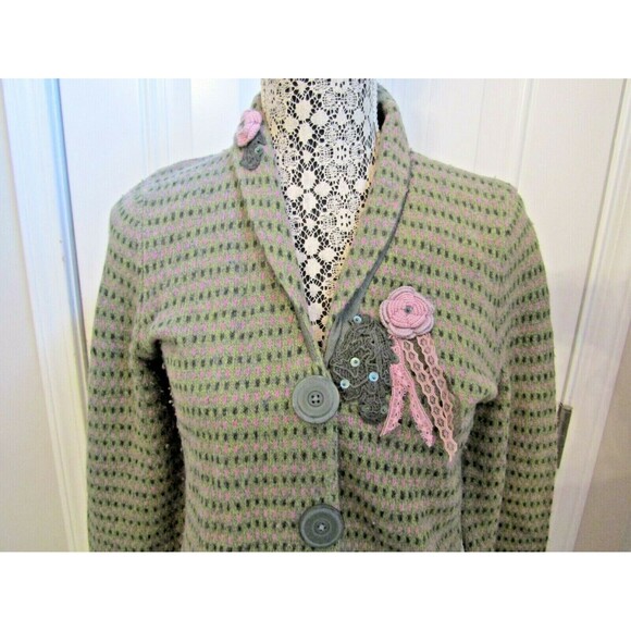 Sigrid Olsen Cardigan Green Wool Blend Knit Sweater Crochet Floral Accents PM - Picture 3 of 12